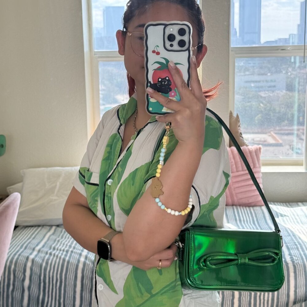 Mach & Mach Holographic Iridescent Green Puffed Bow Mini Shoulder Bag​​​​